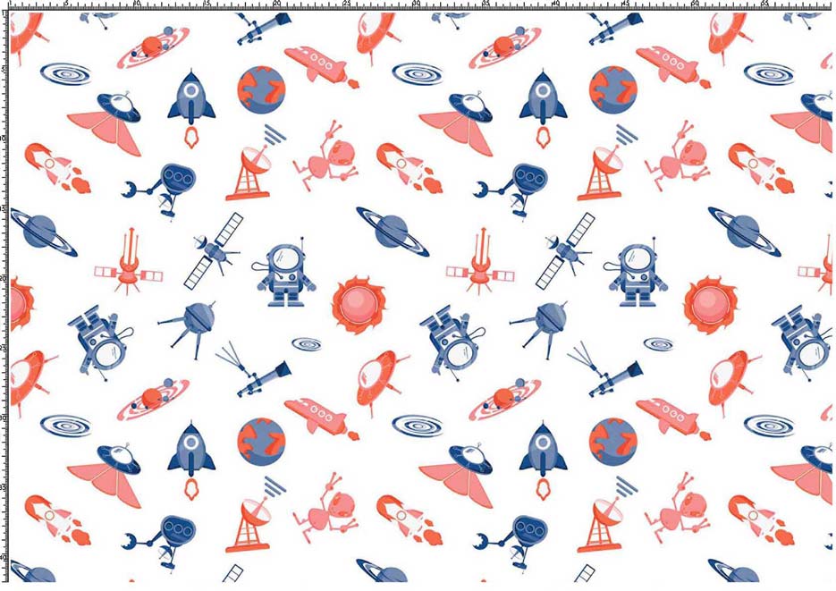 Wzór do druku na tkaniny i dzianiny z motywami kosmicznymi w kolorze niebieskim i czerwonym na tle w kolorze białym