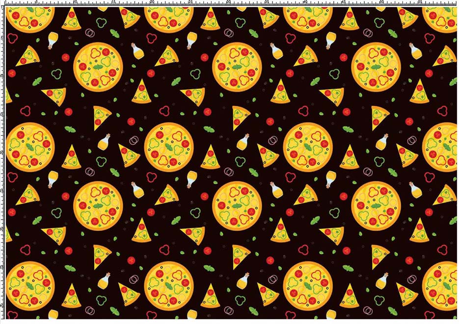 Zdjęcie przedstawiające wzór do nadruku na materiały poliestrowe z motywem pizzy na tle w kolorze czarnym