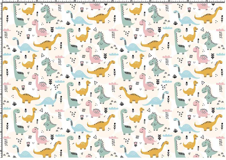 Wzór do nadruku na tkaninach i dzianinach z dinozaurami w kolorze różowym, niebieskim, zielonym i żółtym na kremowym tle