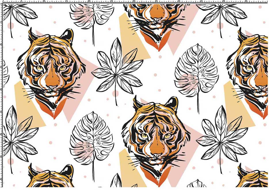 Zdjęcie prezentujące wzór do druku na tkaniny i dzianiny z tygrysem i liśćmi monstery i palm na tle w kolorze białym, różowym i żółtym