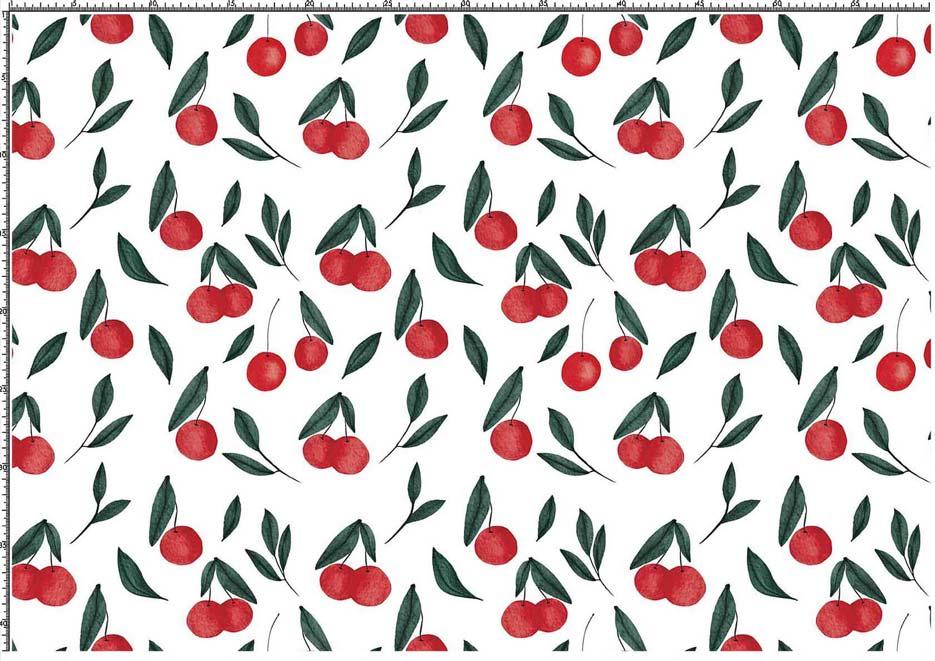 Zdjęcie prezentujące wzór do druku na tkaniny, dzianiny z owocami wiśni i listkami na tle w kolorze białym