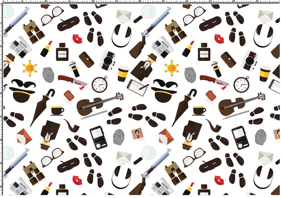 Wzór do druku na tkaninach i dzianinach poliestrowych z atrybutami detektywa m.in. kapeluszem, wąsami, fajką i zegarkiem na tle w kolorze białym