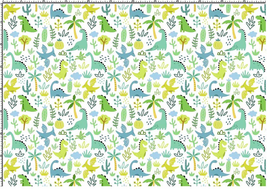 Wzór do nadruku na tkaninach i dzianinach z dinozaurami i roślinnością w odcieniach zieleni i niebieskiego na tle w kolorze białym