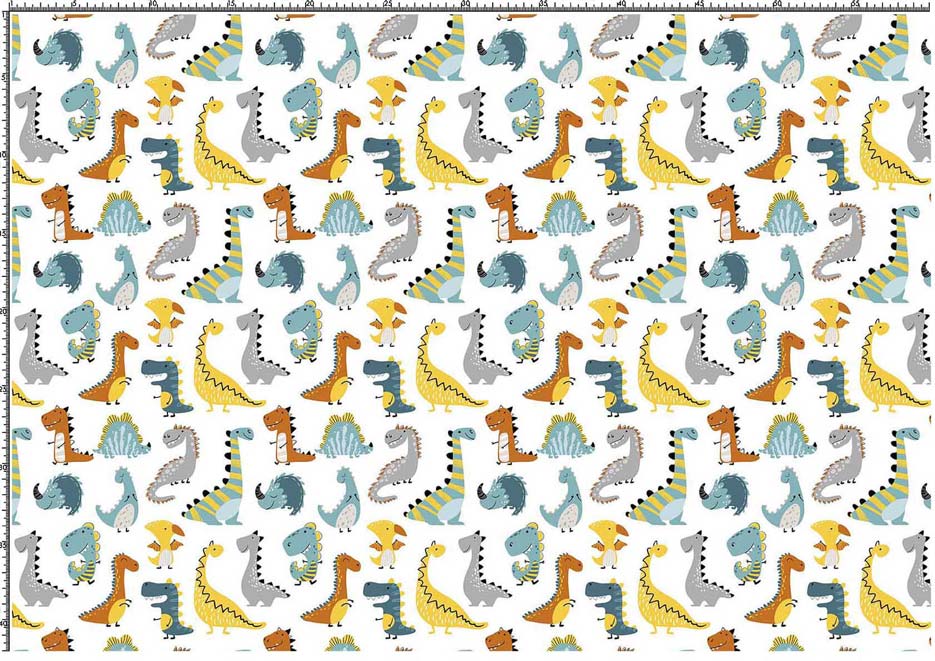 Wzór do nadruku na tkaninach i dzianinach z dinozaurami w kolorze żółtym, niebieskim, pomarańczowym, zielonym i szarym na bieli