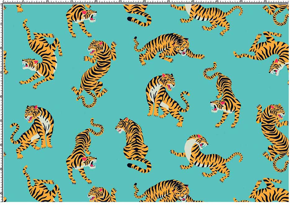 Zdjęcie prezentujące wzór do druku na tkaniny i dzianiny z tygrysami na tle w kolorze turkusowym 