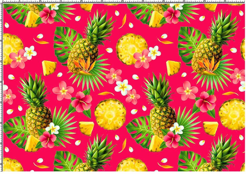 Zdjęcie prezentujące wzór do druku na tkaniny, dzianiny z owocami ananasa, liśćmi monstery i palm oraz kwiatami na tle w kolorze różowym