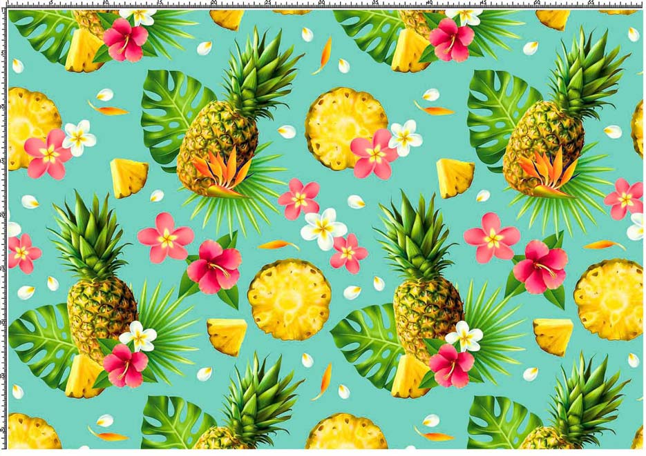 Zdjęcie przedstawiające wzór do druku na tkaninach, dzianinach z owocami ananasa, liśćmi monstery i palm oraz kwiatami na turkusowym tle