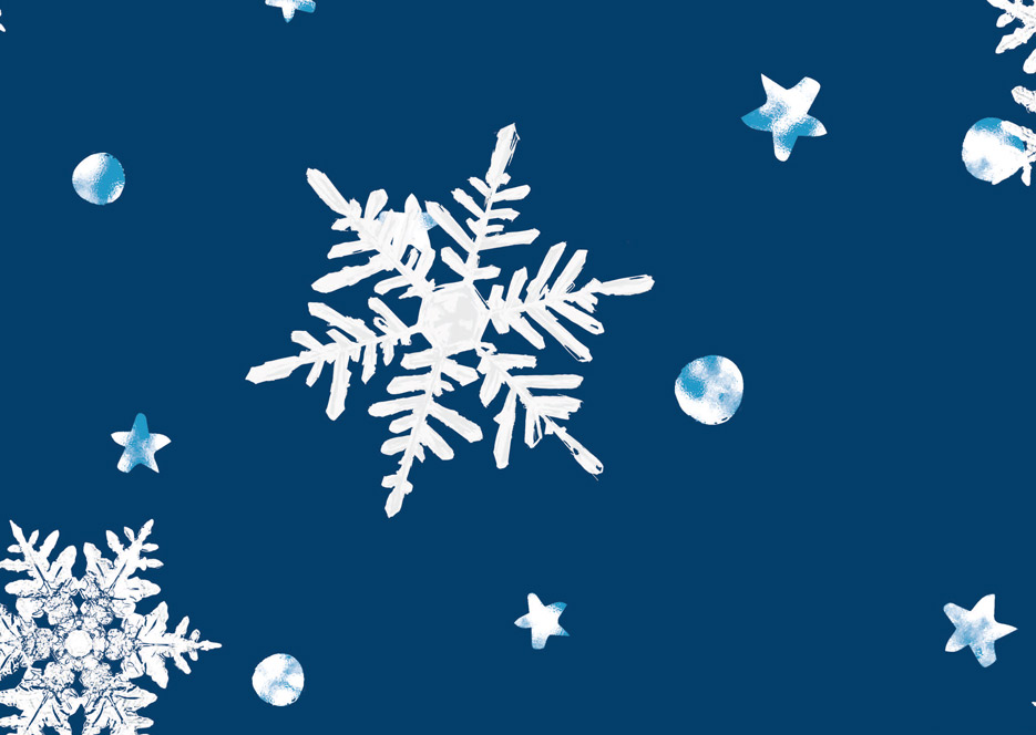Zdjęcie prezentujące wzór do druku na tkaniny i dzianiny- białe śnieżynki i gwiazdki na tle w kolorze granatowym