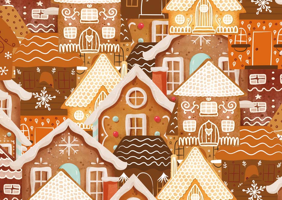 Wzór do druku na tkaninach i dzianinach poliestrowych- piernikowe domki w odcieniach brązu, pomarańczu i bieli, motyw na Święta Bożego Narodzenia