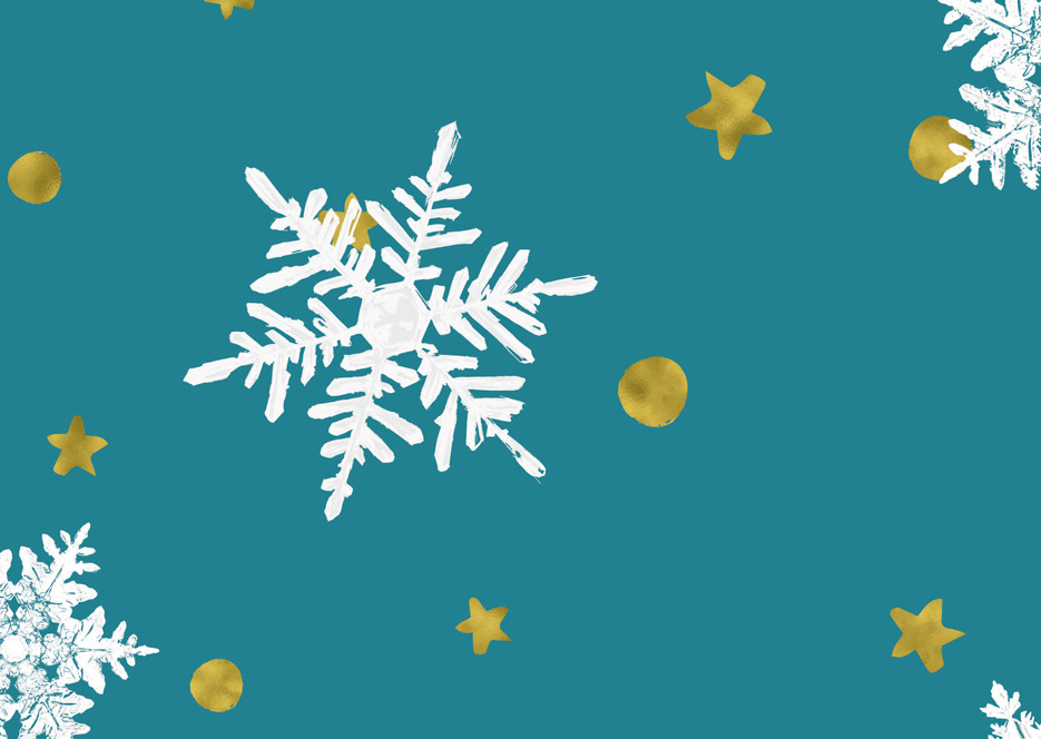 Zdjęcie prezentujące wzór do nadruku na tkaniny- białe śnieżynki i złote gwiazdki na turkusowym tle