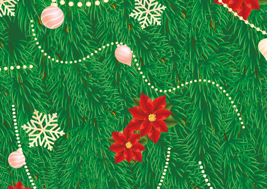 Zdjęcie przedstawiające wzór z gwiazdami betlejemskimi, śnieżynkami, bombkami i łańcuchami na tle z zielonych gałązek