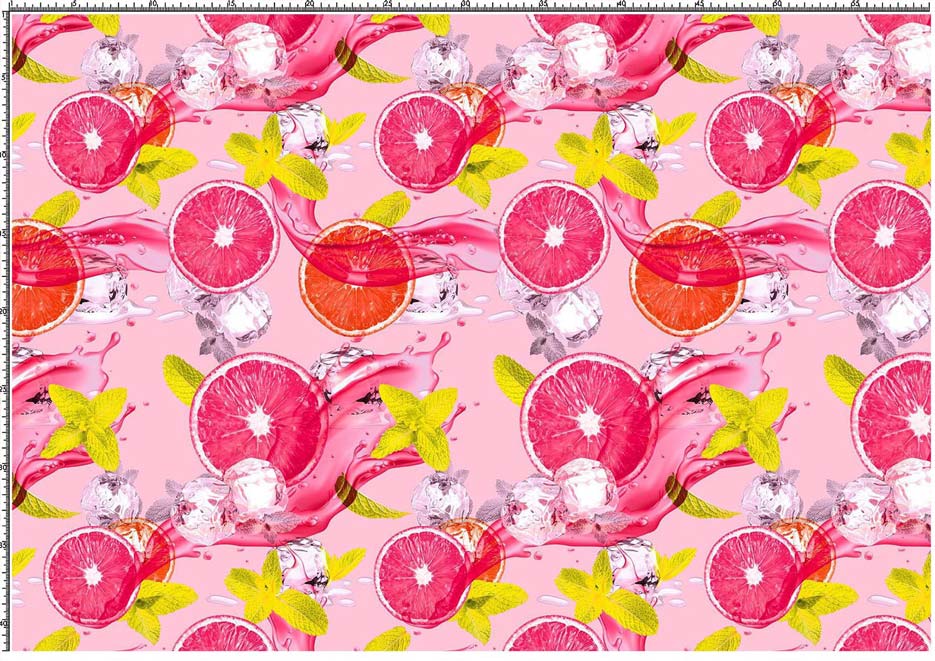 Zdjęcie przedstawiające wzór z pomarańczami i listkami mięty na tle w odcieniach różu