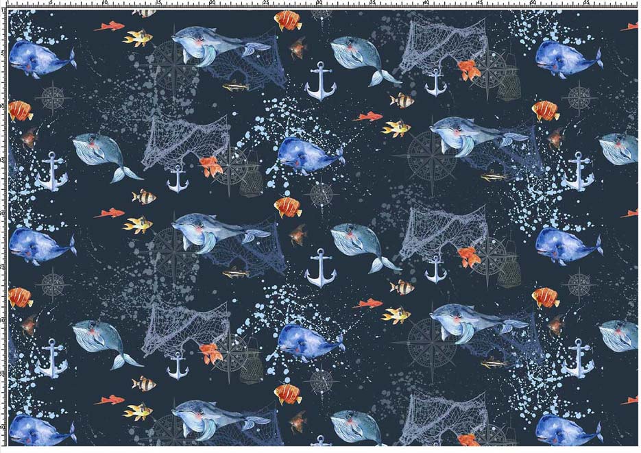 Wzór do druku na tkaniny i dzianiny z motywem marynistycznym wieloryba, delfina, kotwicy i kolorowych rybek na granatowym tle