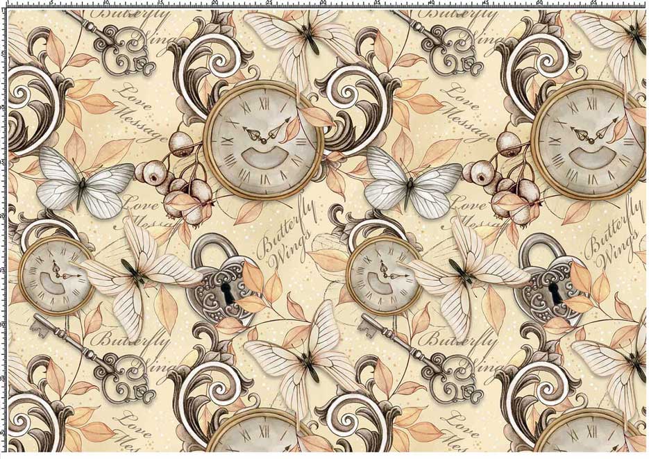 Zdjęcie prezentujące wzór do druku na tkaniny i dzianiny poliestrowe z motylami, zegarami, kluczami i kłódkami w odcieniach brązu, złota i kremu