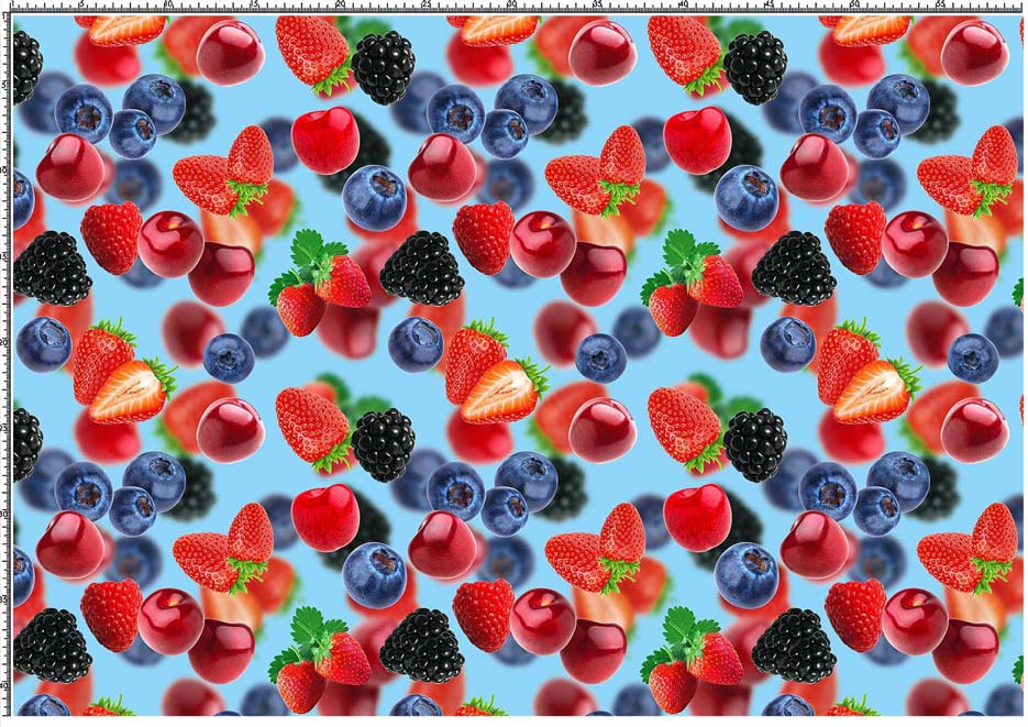 Wzór z owocami malin, truskawek, jeżyn, borówek i wiśni na tle w kolorze niebieskim, motyw do druku na tkaniny, sublimacji