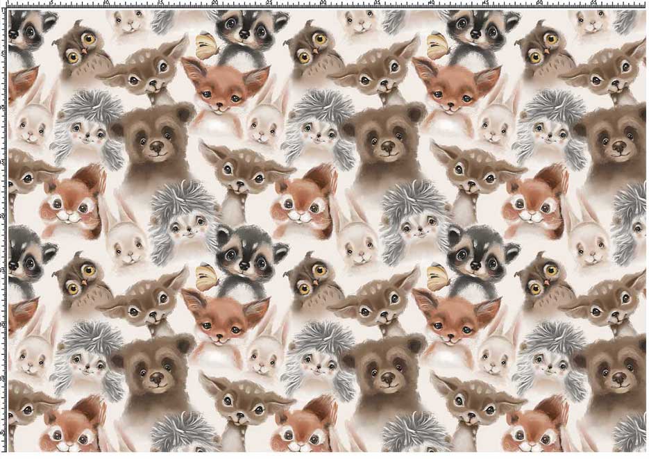 Zdjęcie prezentujące wzór do druku na tkaniny i dzianiny z leśnymi zwierzątkami- lisek, niedźwiadek, sarna, sowa, zajączek, szop, jeżyk na jasnym tle
