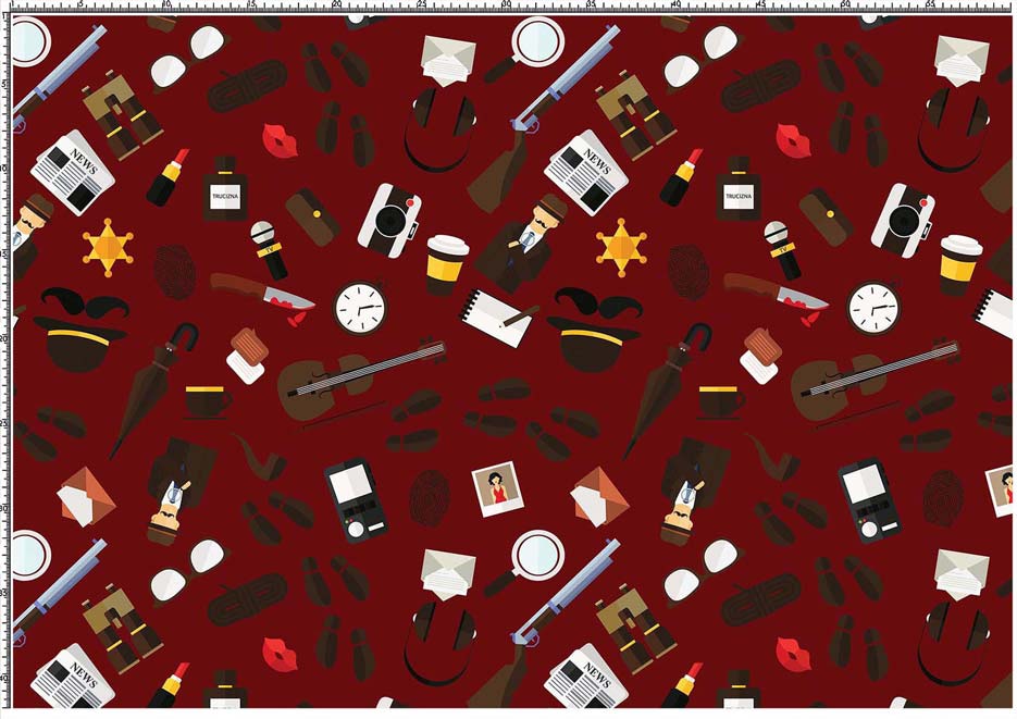 Wzór do druku na tkaniny i dzianiny z atrybutami detektywistycznymi m.in. zegarem, parasolem, wąsami i odznaką na tle w kolorze czerwonym