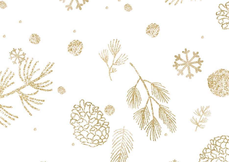 Zdjęcie prezentujące wzór do nadruku na tkaniny i dzianiny- złote gałązki i śnieżynki na tle w kolorze białym