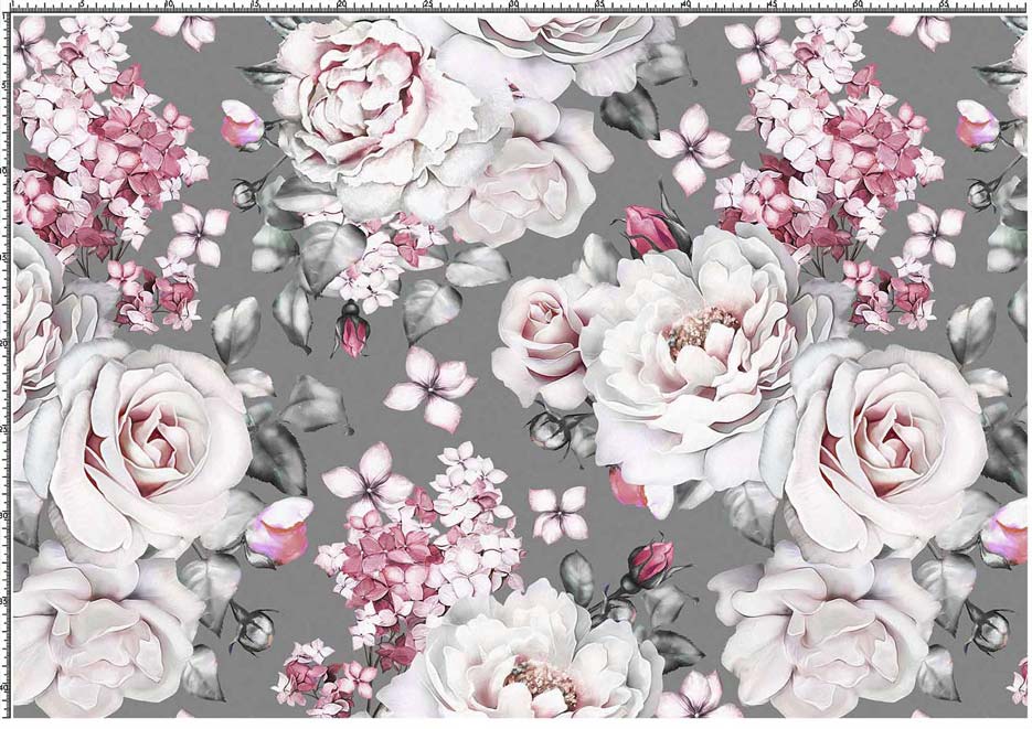 Zdjęcie prezentujące wzór do nadruku na tkaniny i dzianiny z kwiatami róż i hortensji na tle w kolorze szarym