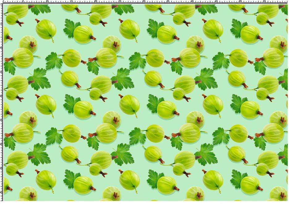 Zdjęcie prezentujące wzór do druku na tkaniny z owocami agrestu i listkami na tle w kolorze zielonym