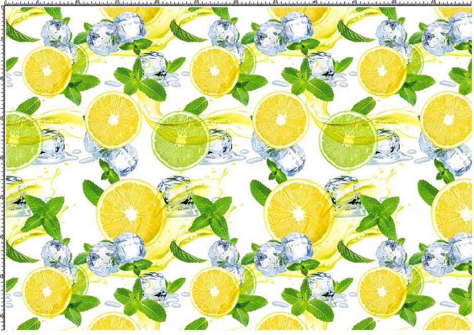 Zdjęcie przedstawiające wzór z plasterkami cytryn i limonek oraz listkami mięty i kostkami lodu na białym tle, druk na tkaninach i dzianinach poliestrowych