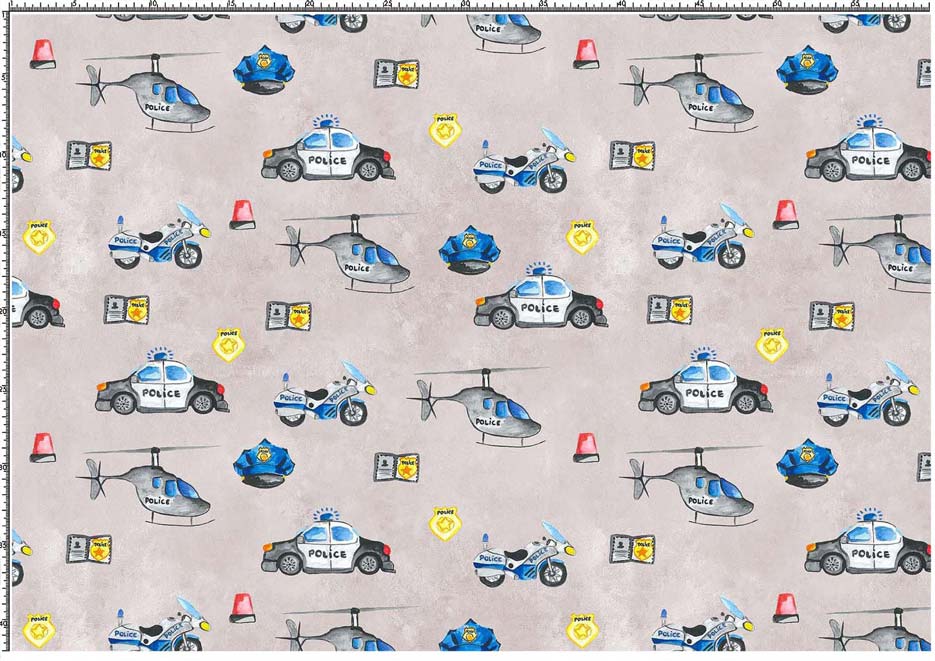 Wzór do druku na tkaninach i dzianinach poliestrowych z pojazdami policyjnymi i odznakami na tle w kolorze beżowym
