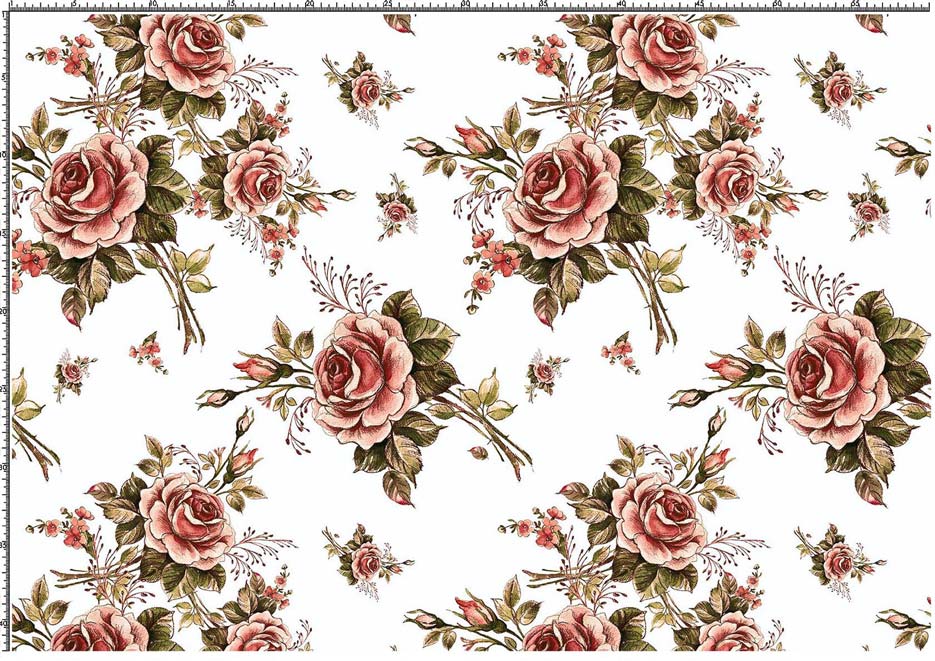 Zdjęcie prezentujące wzór do nadruku na tkaniny i dzianiny z kwiatami róż w stylu vintage, motyw w odcieniach pudrowego różu, zieleni i bieli