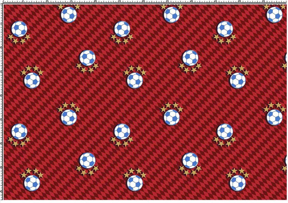 Wzór do druku na tkaninach i dzianinach z motywem piłki i gwiazdek na tle w ukośne pasy w odcieniach czerwieni