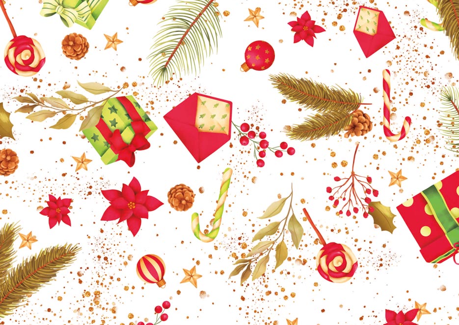 Zdjęcie przedstawiające prezenty i dekoracje świąteczne w odcieniach czerwieni, zieleni i złota na tle w kolorze białym
