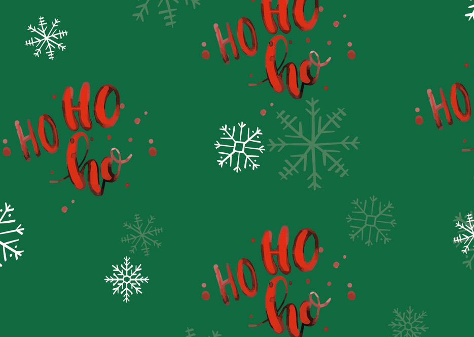 Zdjęcie prezentujące wzór do druku na tkaniny z czerwonymi napisami i śnieżynkami na zielonym tle