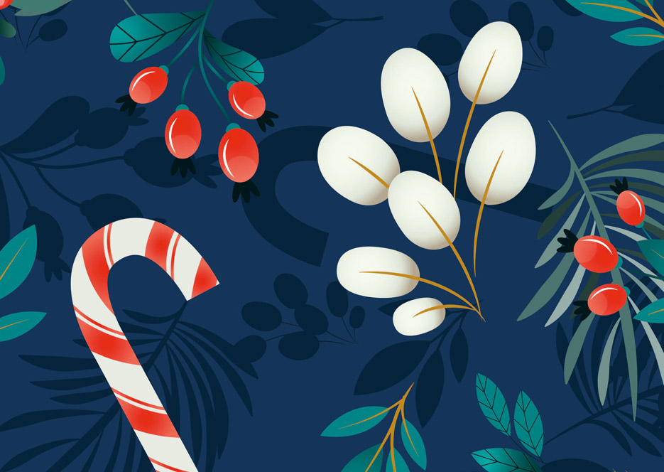 Wzór do druku na tkaninach i dzianinach z motywami świątecznymi i gałązkami w odcieniach czerwieni, zieleni i bieli na granatowym tle