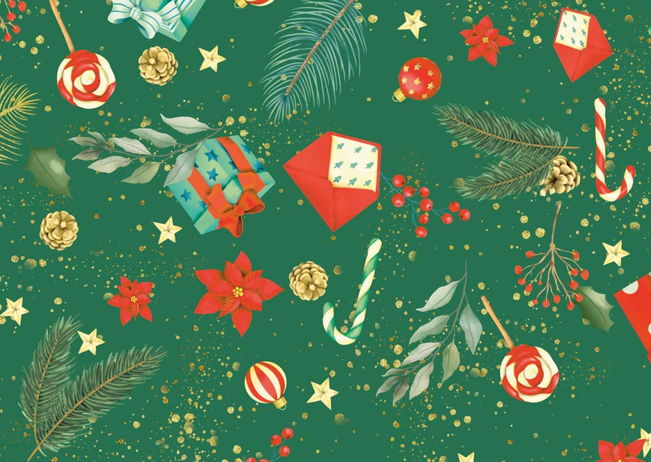 Wzór do druku na tkaninach i dzianinach z prezentami i dekoracjami świątecznymi na tle w kolorze zielonym
