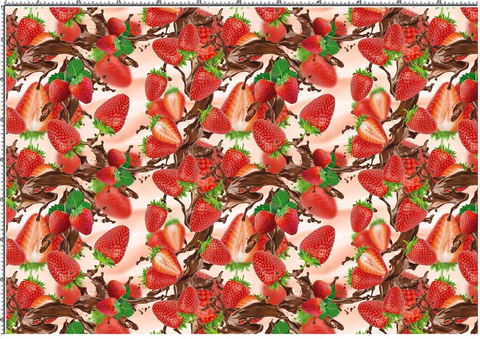 Zdjęcie prezentujące wzór do druku na tkaniny i dzianiny- truskawki i czekolada na tle w odcieniach pomarańczu