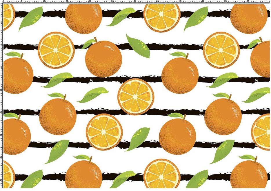 Zdjęcie przedstawiające wzór z pomarańczami i listkami na tle w biało-czarne pasy, motyw do druku na tkaniny poliestrowe