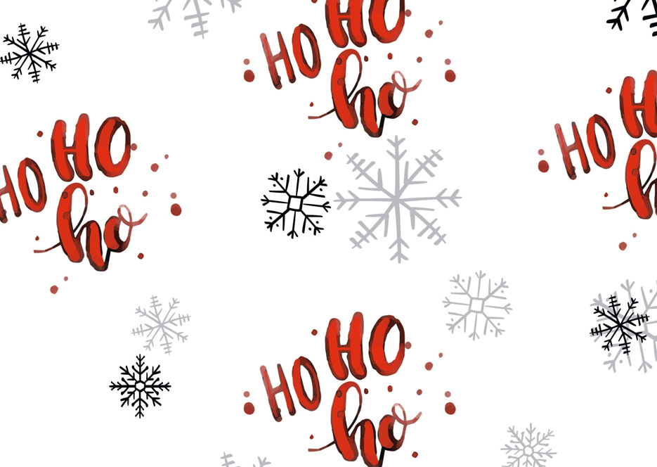Zdjęcie przedstawiające wzór do druku na tkaniny i dzianiny z czerwonymi napisami i śnieżynkami na białym tle