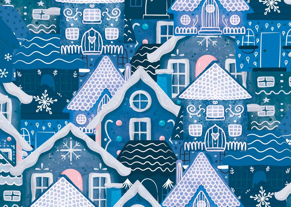 Wzór do druku na tkaninach, niebiesko-białe domki z motywami świątecznymi