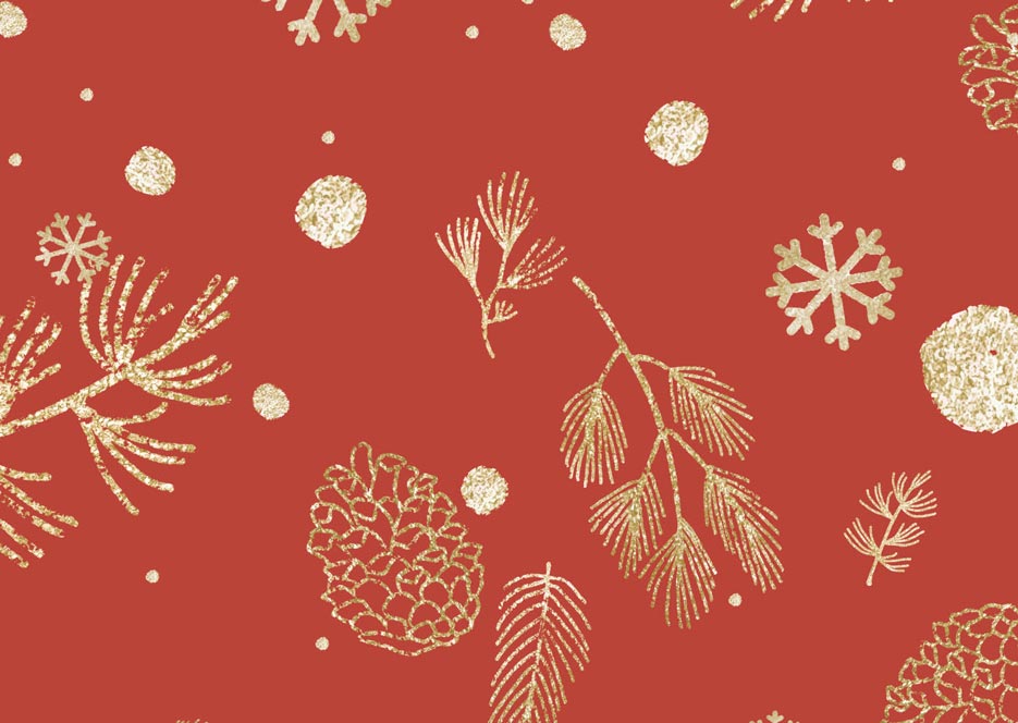 Zdjęcie prezentujące wzór do nadruku na tkaniny- złote gałązki i śnieżynki czerwonym tle