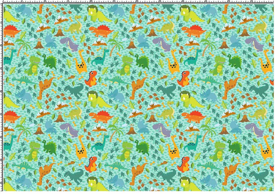 Wzór do druku na tkaninach i dzianinach poliestrowych z dinozaurami w kolorze fioletowym, pomarańczowym, zielonym i niebieskim w otoczeniu palm i śladów na miętowym tle