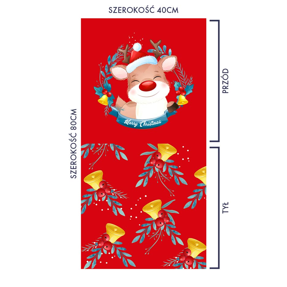 Zdjęcie prezentujące wzór do druku na poduszki z motywem świątecznym, reniferka i dzwoneczków na czerwonym tle
