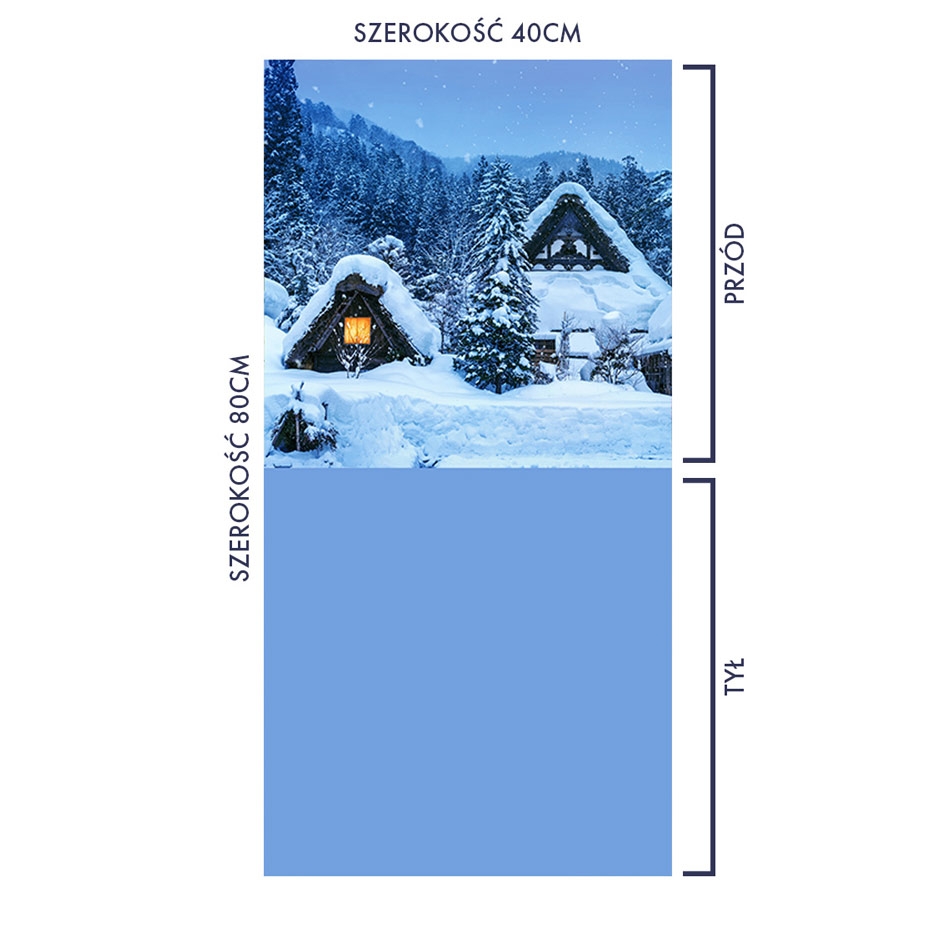 Zdjęcie przedstawiające panel poduszkowy, wzór do druku z motywem zimowym, domków przysypanych śniegiem, motyw w odcieniach niebieskiego