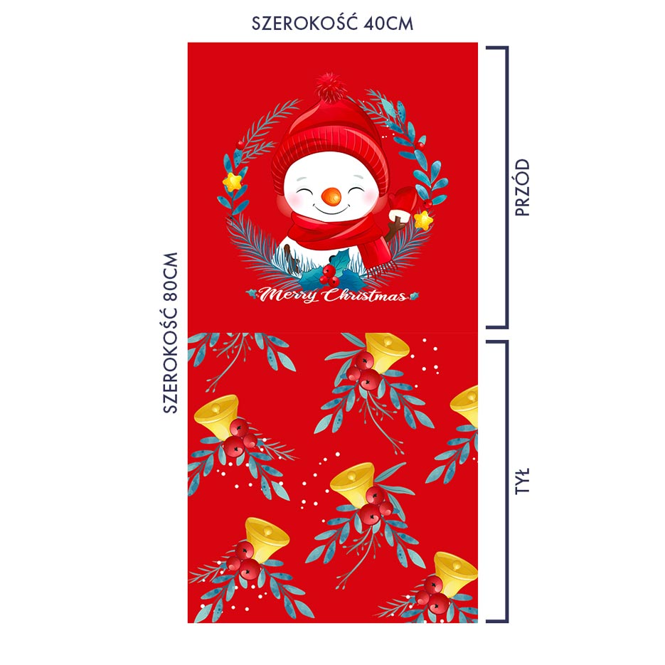 Zdjęcie prezentujące wzór, panel do druku na poduszki z motywem świątecznym, bałwanka i dzwoneczków na czerwonym tle