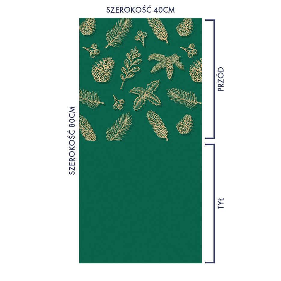 Zdjęcie przedstawiajace panel poduszkowy, wzór do nadruku na tkaniach i dzianinach z motywem złotych szyszek i gałązek na zielonym tle
