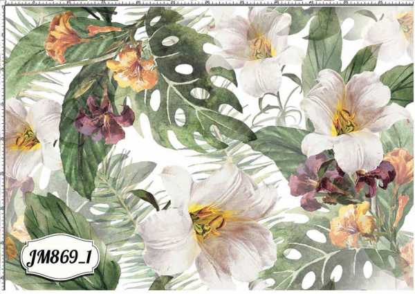 Druk na tkaninach- kwiaty lilii i liście monstery na bieli
