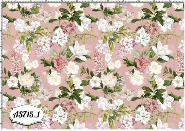 Druk na tkaninie- białe i różowe kwiaty na pudrowym tle