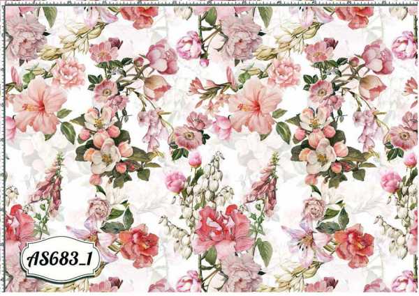 Druk na tkaninie- białe i różowe kwiaty na jasnym tle
