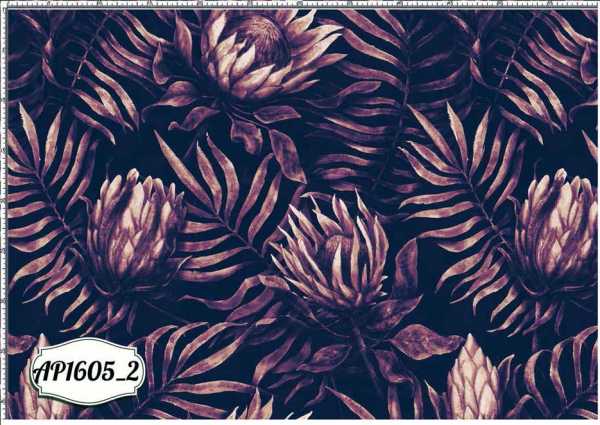 Druk na tkaninie- kwiaty i liście palmy w odcieniach fioletu