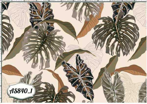 Druk na tkaninie- liście monstery i palm w odcieniach zieleni i brązu na beżu