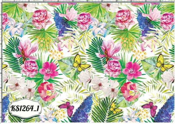 Druk na tkaninie- różowe kwiaty i motyle w otoczeniu liści palm