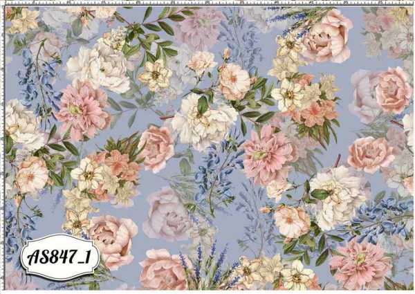 Druk na tkaninach- romantyczne pastelowe kwiaty na błękicie