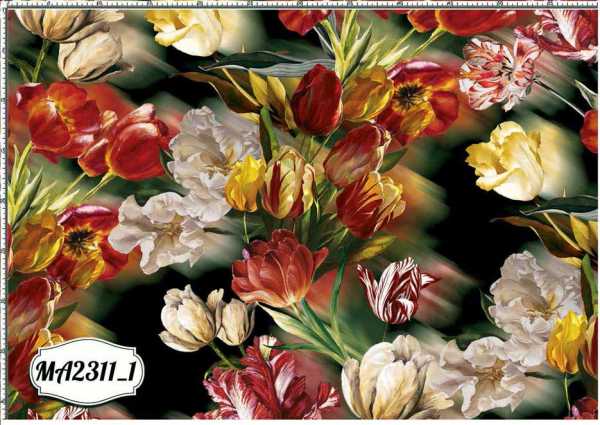 Druk na tkaninie- kolorowe tulipany na zielonym tle